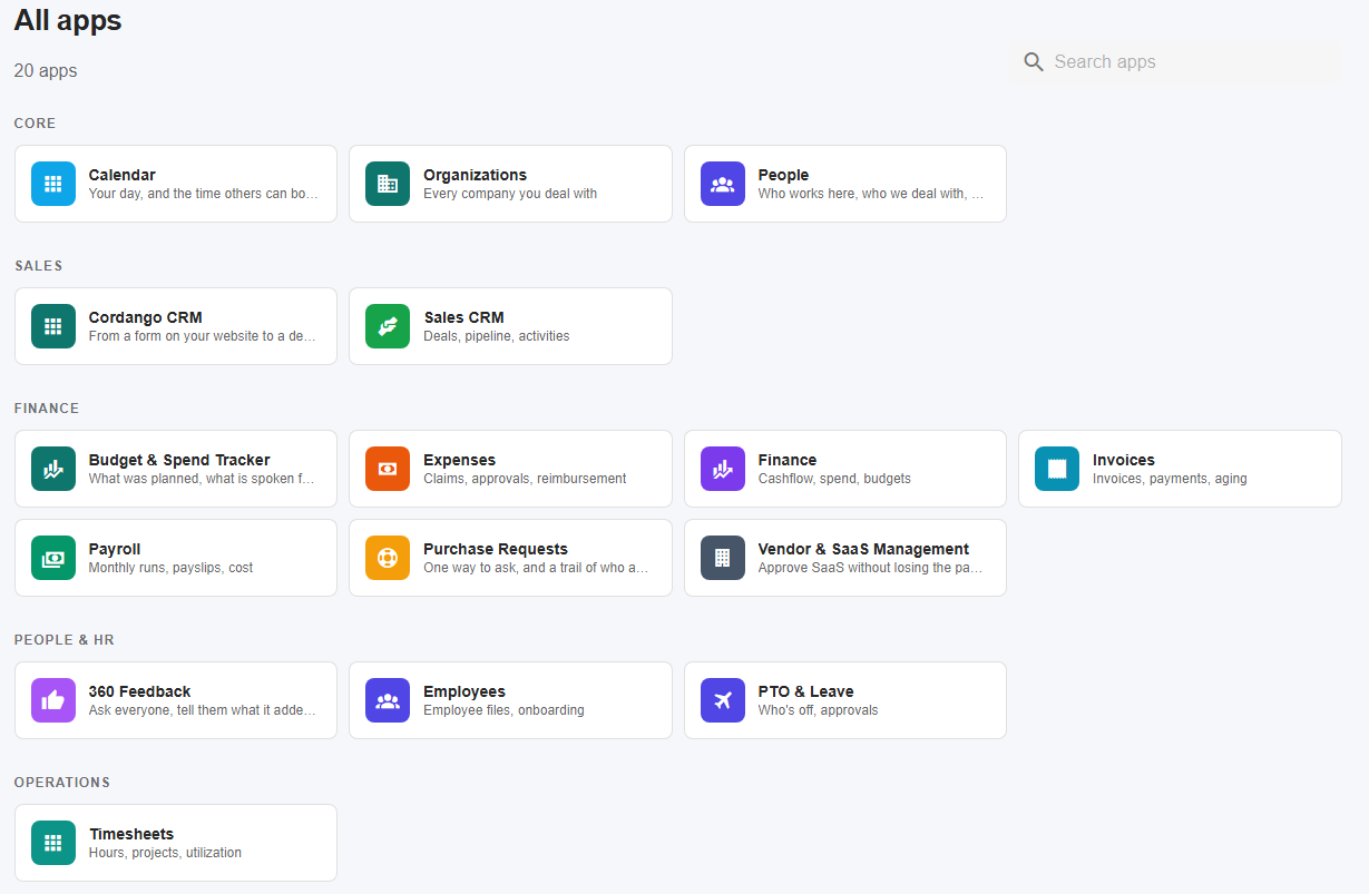The app list in Cordango: twenty apps grouped by Core, Sales, Finance, People & HR and Operations.
