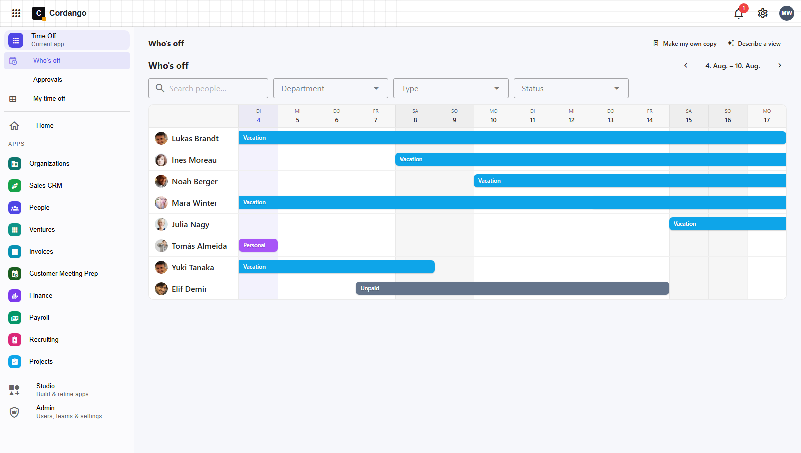 The Time Off app listing absence requests with their type, dates and approval status.