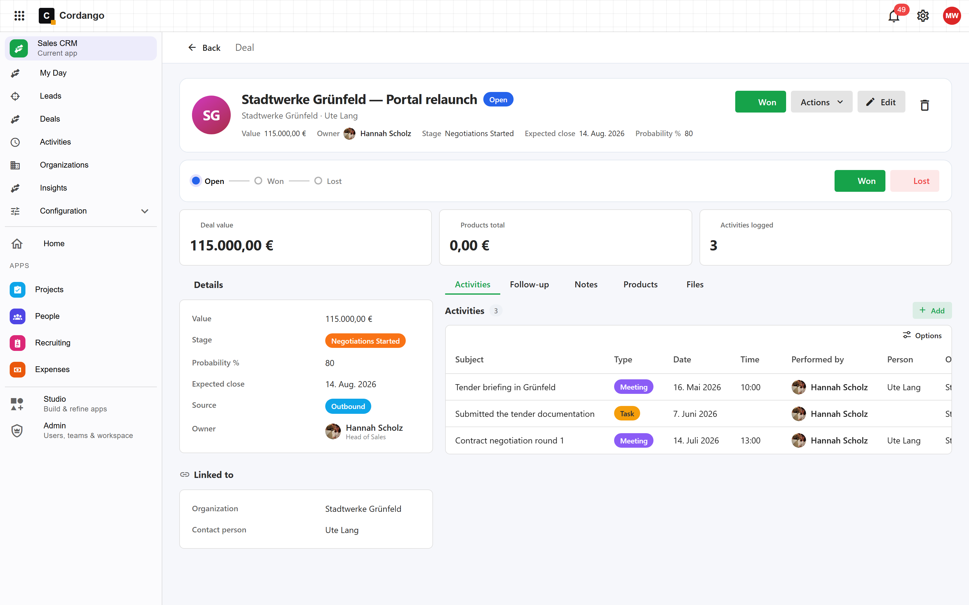Deal detail hub in the Sales CRM template on Cordango with value, stage, status flow and an activity timeline
