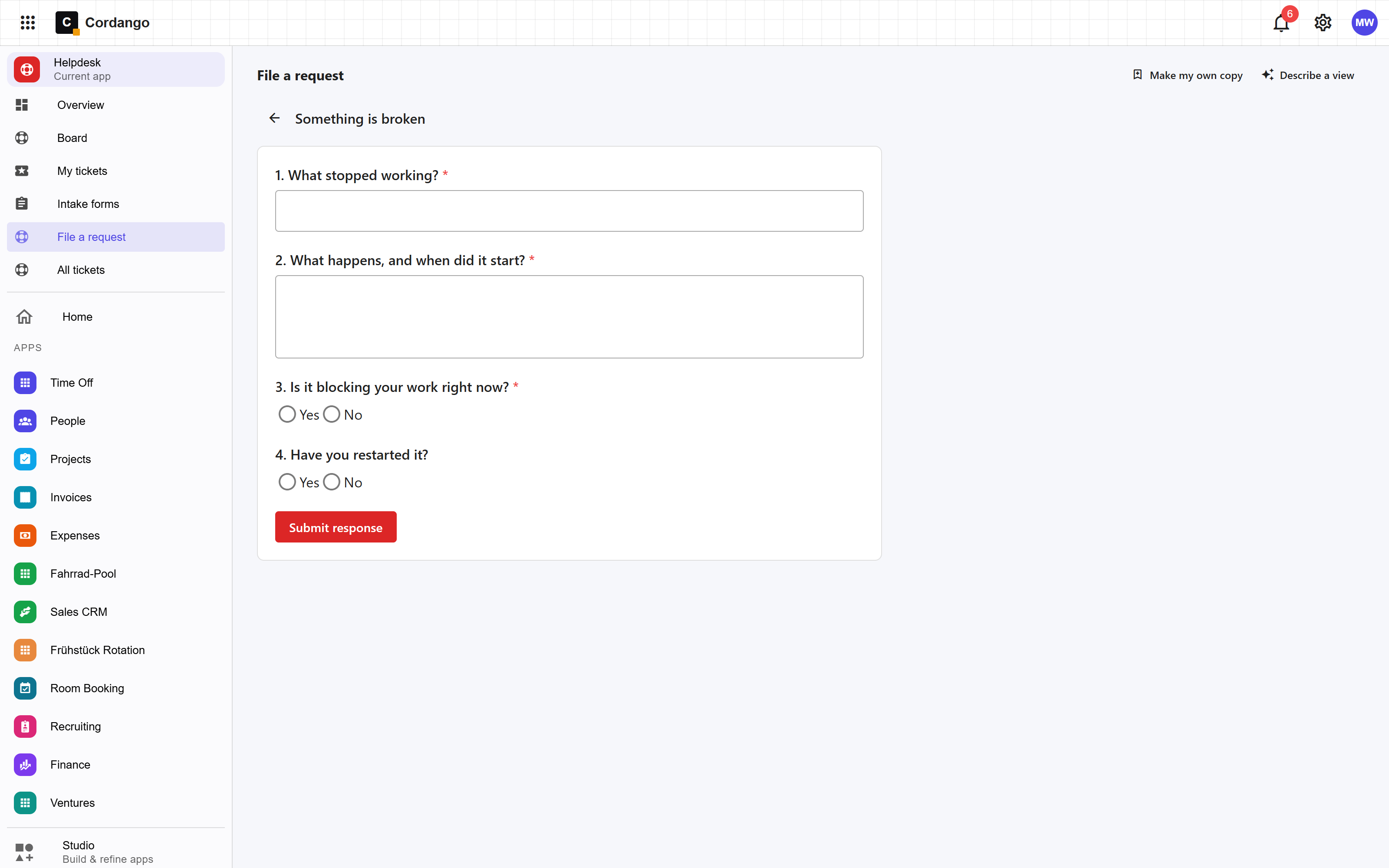 Intake form in the Helpdesk template on Cordango where a colleague files a request that becomes a ticket