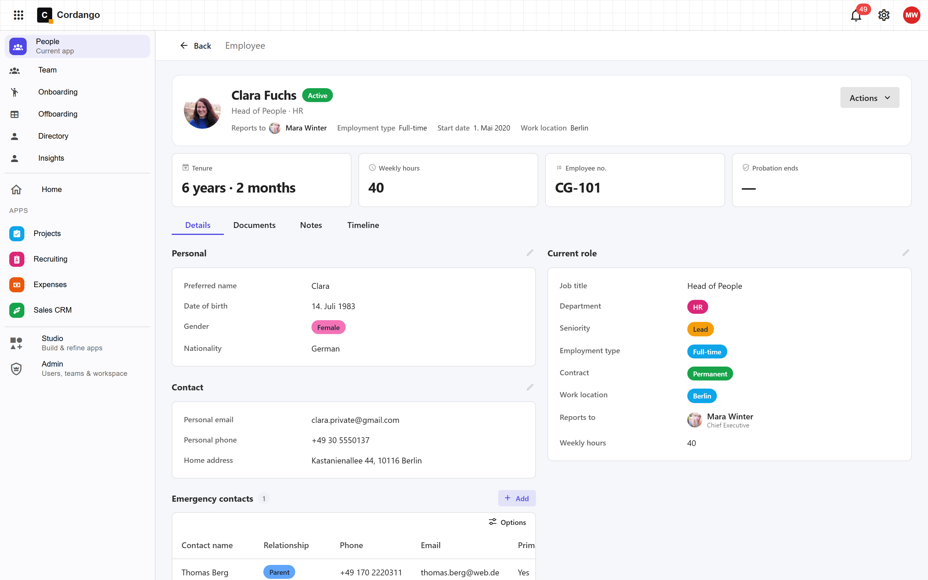 Employee detail page in the People HR template on Cordango with role summary, history and documents