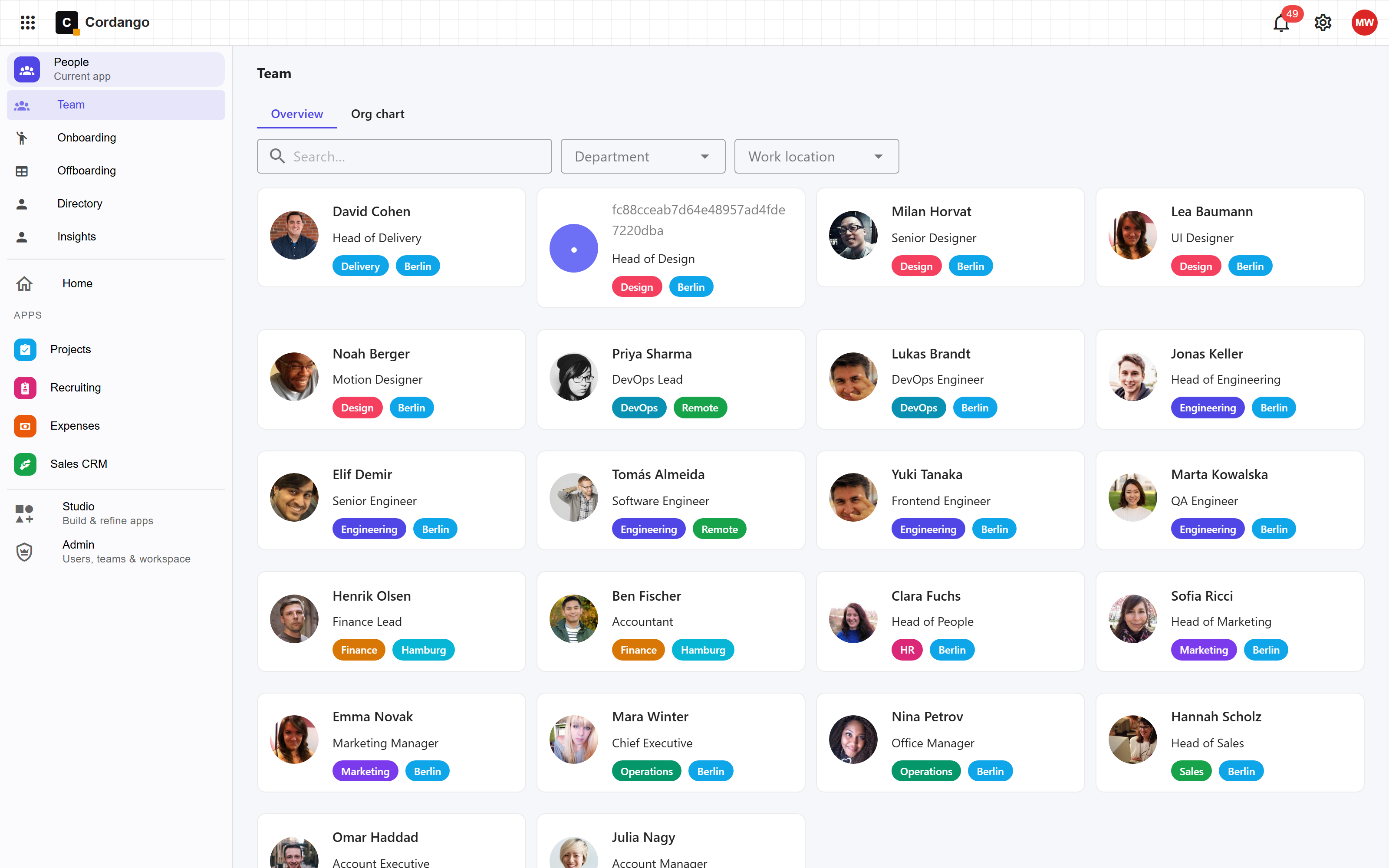 People HR template on Cordango showing the team directory of employee cards with departments and locations