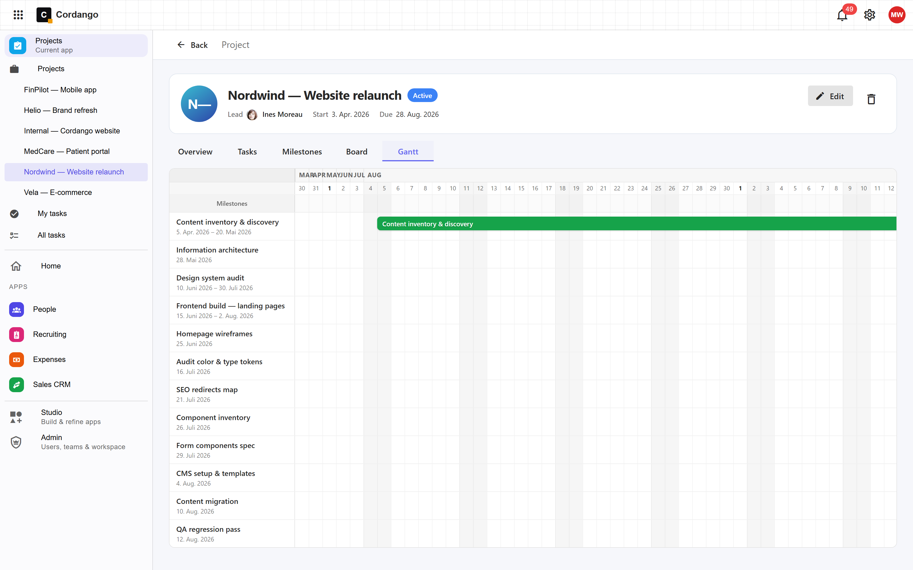 Gantt timeline in the Projects template on Cordango with tasks by date and milestone markers