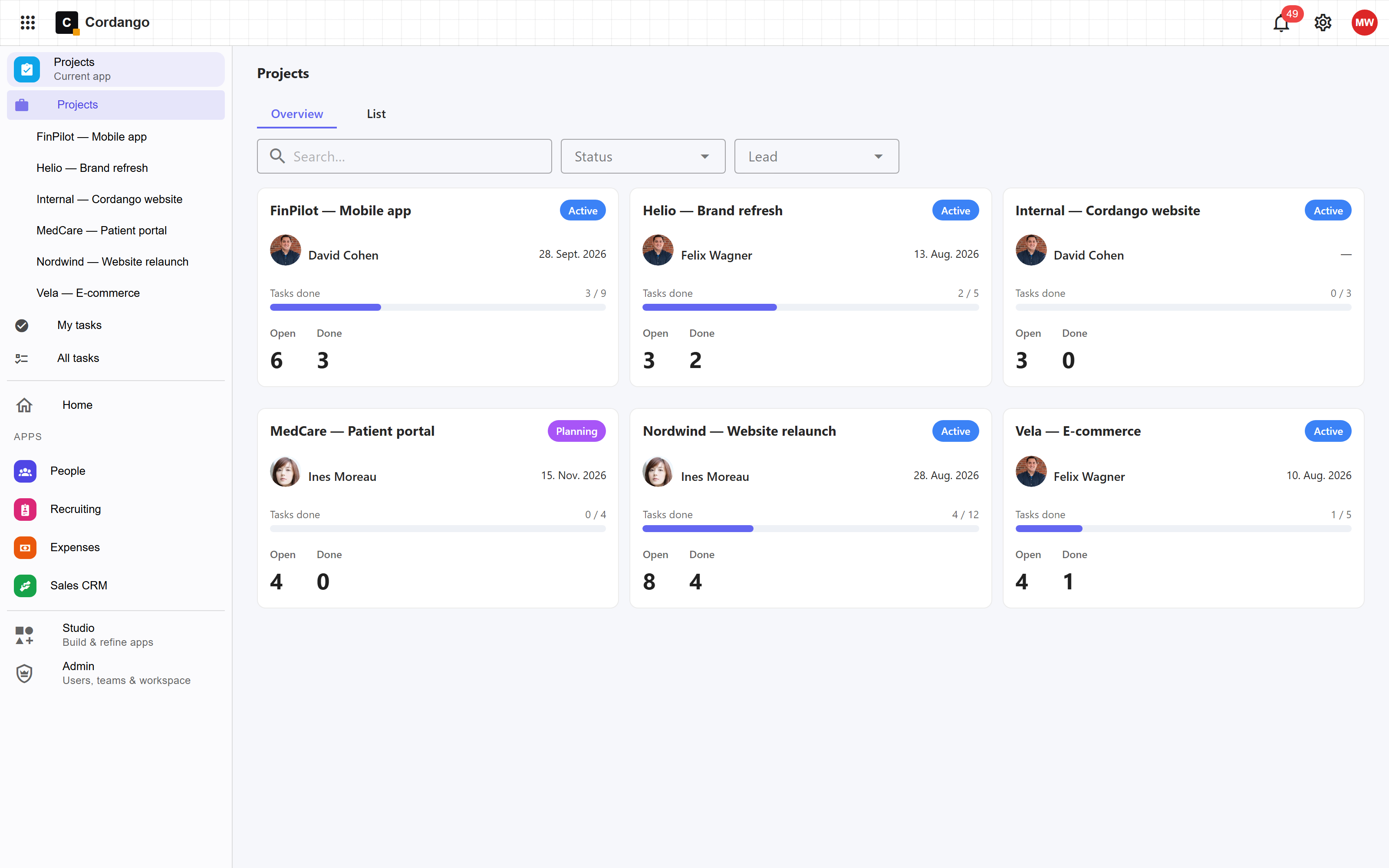 Projects template on Cordango showing project cards with owners, due dates and progress bars